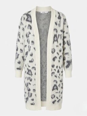 JustFab Open-Front Ivory and Gray Leopard Print Long Cardigan Sweater